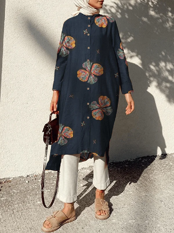 Tropical Style Women Cotton Flowers Print Kaftan Long Sleeve Retro Shirt Dress