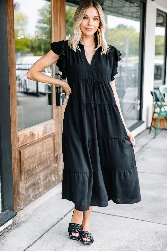 Minimal Style Look You Up Black Ruffled Midi Dress