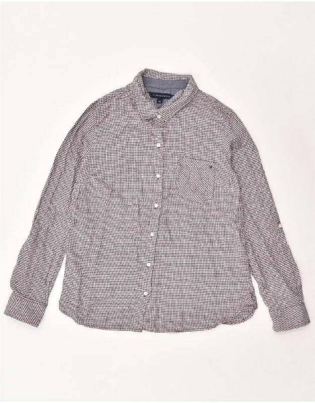 Cool Style TOMMY HILFIGER Womens Shirt UK 14 Medium Grey Houndstooth Cotton