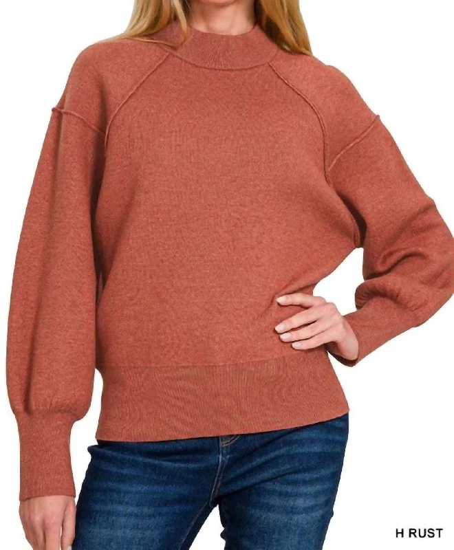 Leisure Sports Elana Mock Neck Exposed Seam Sweater In Rust