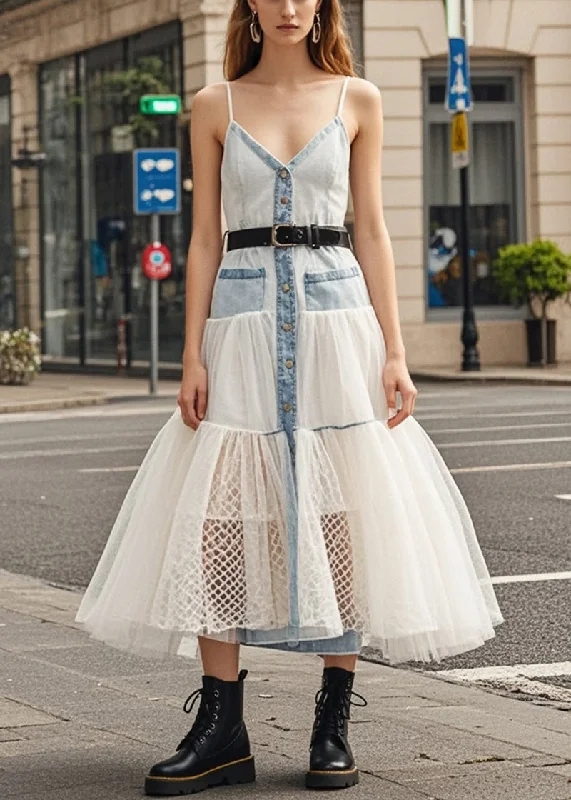 Luxury Fashion Sexy Light Blue Silm Fit Patchwork Tulle Denim Long Dresses Summer