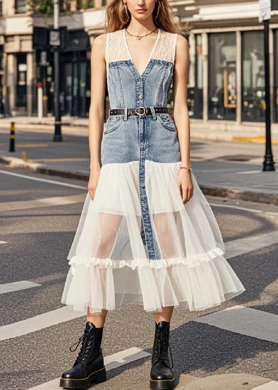 Sports And Leisure Silm Fit White V Neck Patchwork Denim Tulle Vacation Dresses Sleeveless