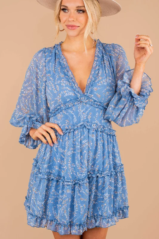 Elegant Comfort You're Too Kind Blue Floral Dress