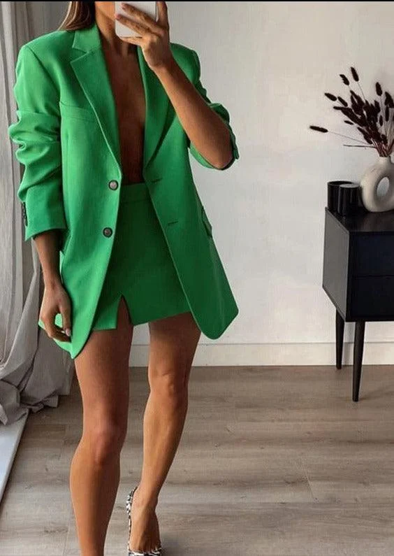 Youthful Vitality Green Mini Skirt Suit