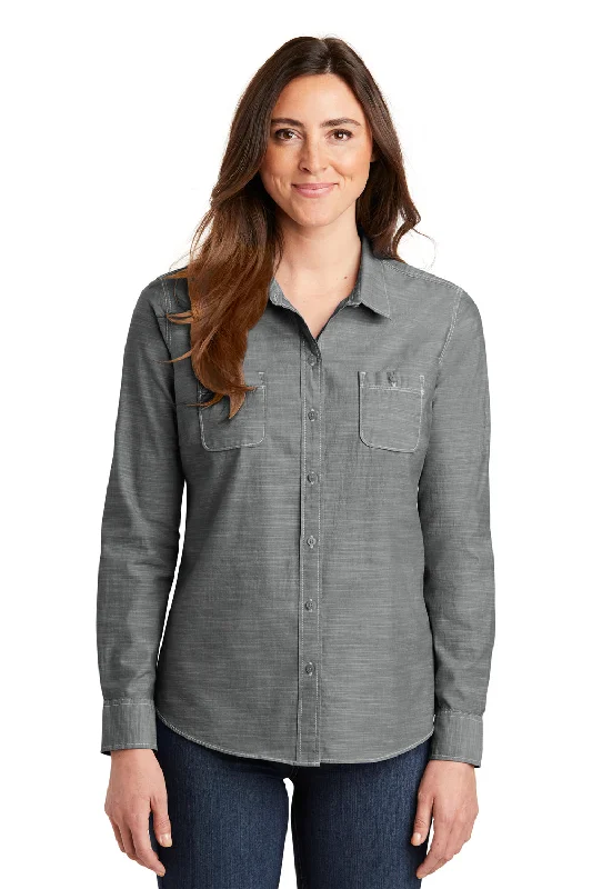 Editorial Design Port Authority Womens Slub Chambray Long Sleeve Button Down Shirt w/ Double Pockets - Grey