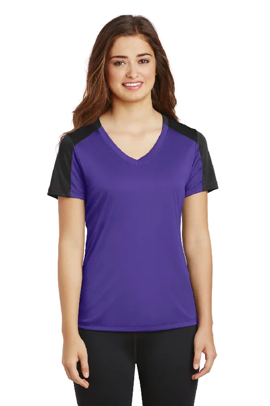 Personal Charm Sport-Tek Womens Competitor Moisture Wicking Short Sleeve V-Neck T-Shirt - Purple/Black - Closeout