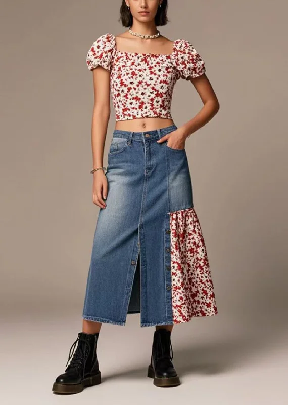 Printed Patterns Silm Fit Navy Side Open Patchwork Denim Skirts Spring