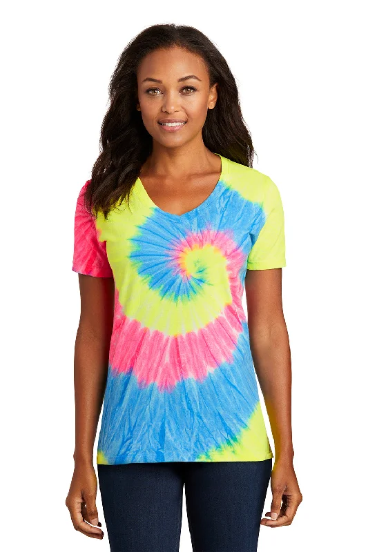 End Of The Year Port & Company Womens Tie-Dye Short Sleeve V-Neck T-Shirt - Neon Rainbow