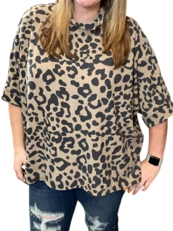 Elegant Series Leopard Cowl Neck Poncho In Brown