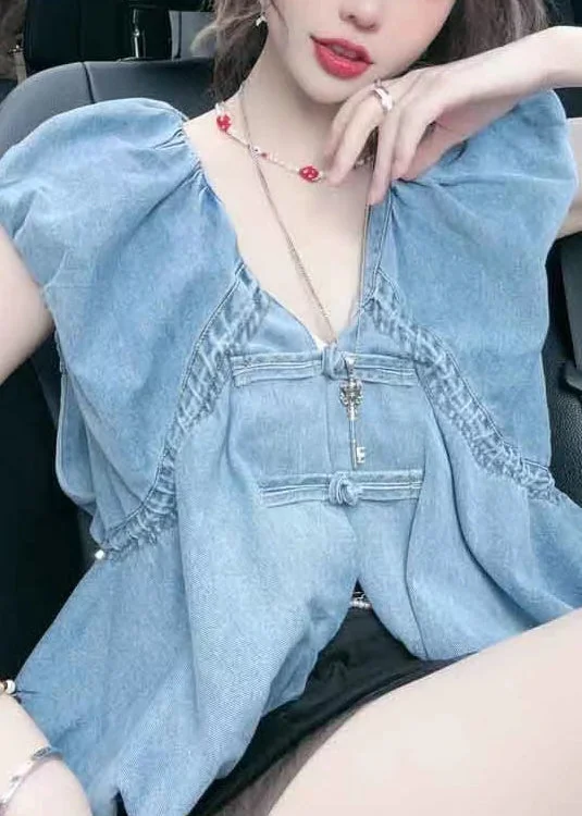 Casual Choice Women Blue V Neck Button Denim Tops Sleeveless