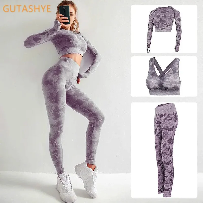 Preview New Products 3PCS/Set Camouflage Yoga Set Women Seamless Fitness Yoga Bra Sports Bra High Waist GYM Camo leggings Pants Fitness Suits Workout