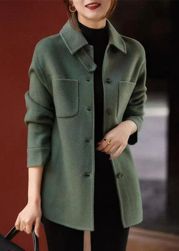 Sports Trend Chic Green Peter Pan Collar Button Pockets Patchwork Woolen Coats Fall