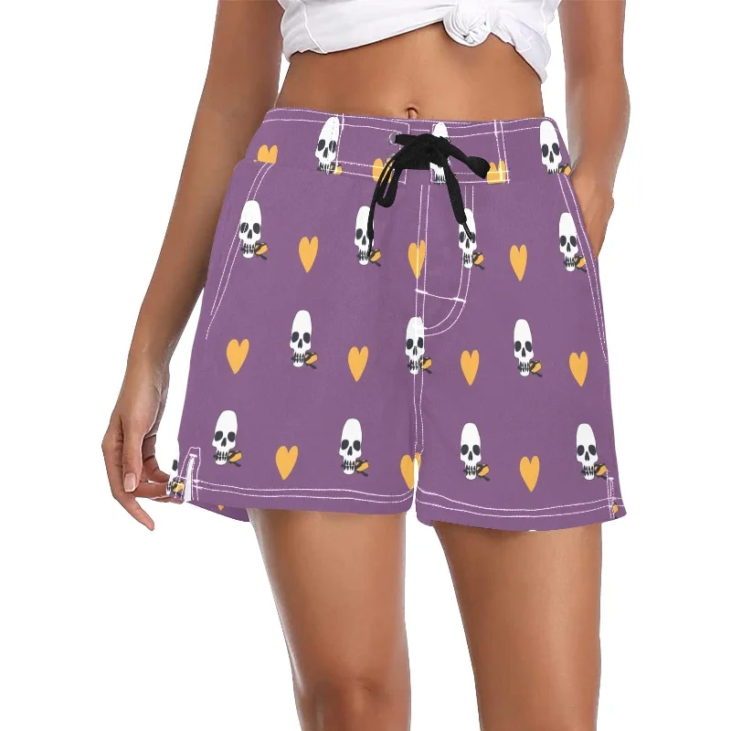 Unique Fashion Purple Pattern Skull & Yellow Hearts Women's Casual Board Shorts