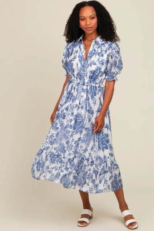 Classic Style Blue Floral Ruffle Accent Button Up Midi Dress