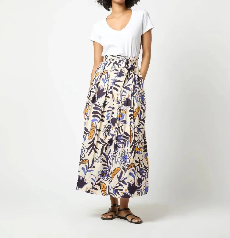 Fashion Wear Pleated Wrap Midi Skirt In Blue/tangerine Floral Cotton Lawn