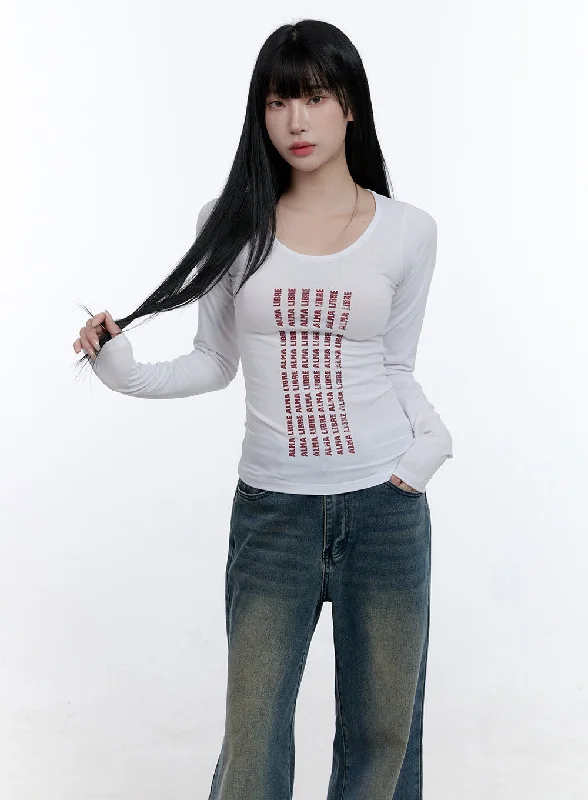 Retro Prints Graphic Lettering Slim-Fit Long Sleeve Top CD419