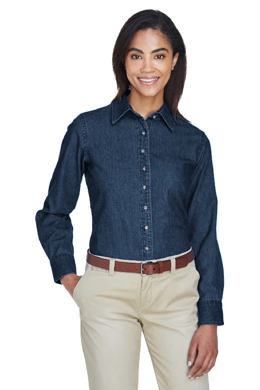 Goddess Outfit Harriton Womens Denim Long Sleeve Button Down Shirt - Dark Denim