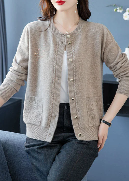 Classic Design Light Camel Pockets Patchwork Wool Cardigans O-Neck Button Fall