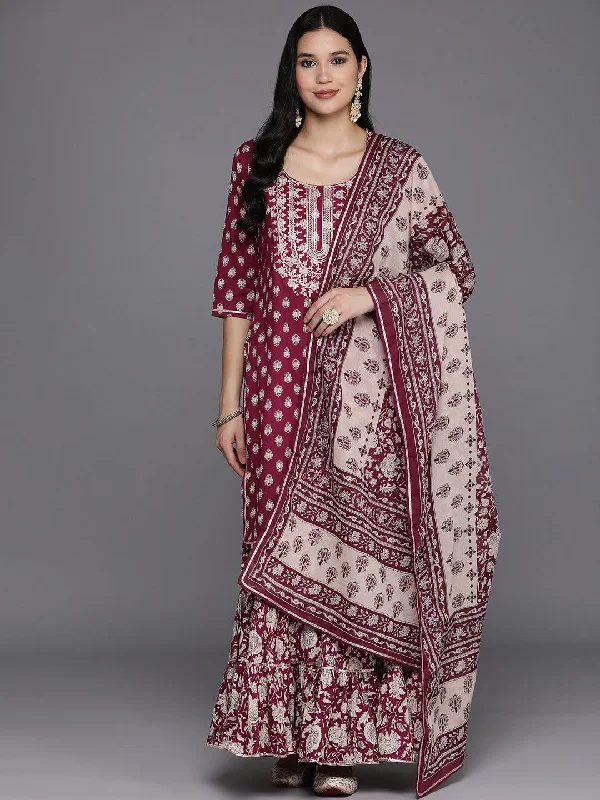 Comfortable Wear Burgundy Yoke Design Cotton Straight Sharara Suit Set With Dupatta