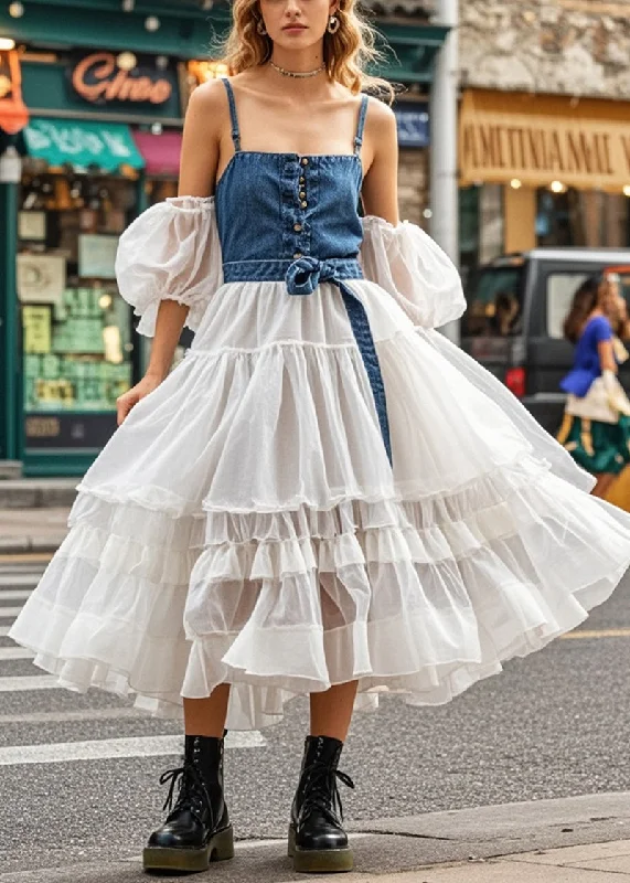 Romantic Temperament Beautiful Cold Shoulder Patchwork Denim Tulle Maxi Dresses Puff Sleeve