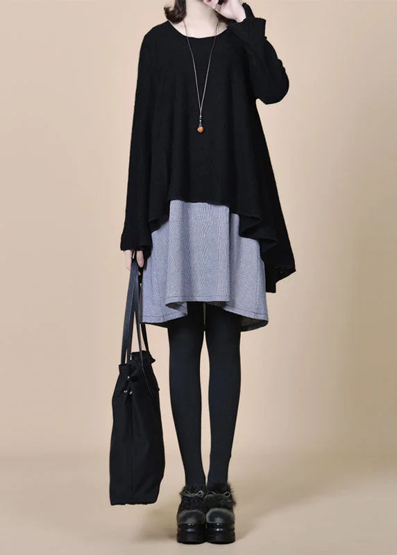 Youthful Style Style Black O Neck Patchwork False Two Pieces Wool Dress Spring