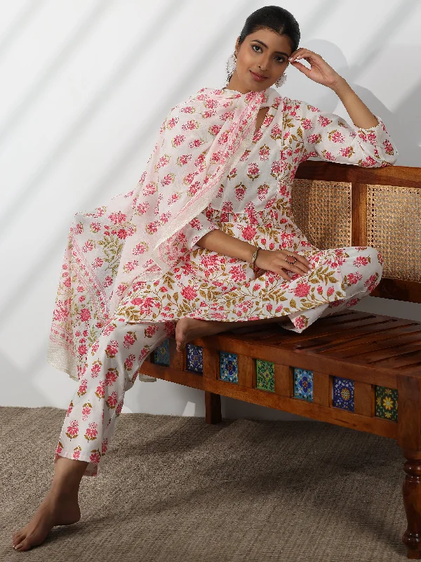 Effortless Style White Printed Cotton A-Line Kurta With Trousers & Dupatta