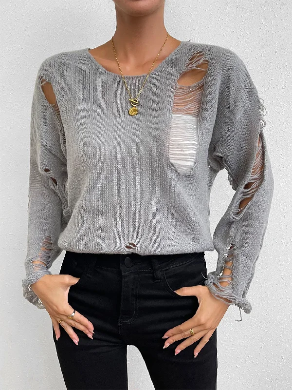 Fashion Wear Distressed Round Neck Knit Top