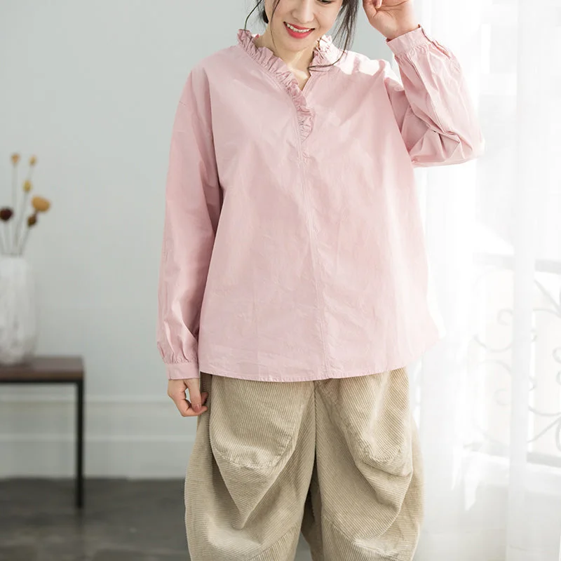 Effortless Style Simple Ruffles cotton top silhouette Omychic Sleeve light pink loose shirt