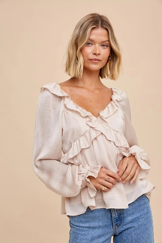 Exclusive Customization Almond Washed Satin Cross Ruffled Long Sleeve Blouse