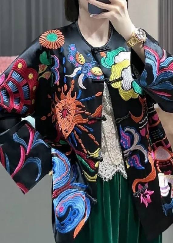 Artistic Temperament Chinese Style Black Embroidered Button Silk Coats Spring