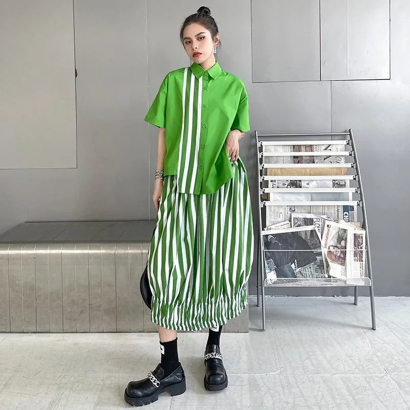 Romantic Temperament Fashion Personal Striped Shirts&skirts Two Pieces Sets