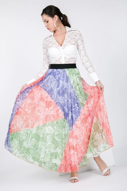 Cool Style Color Block Pleated Maxi Skirt