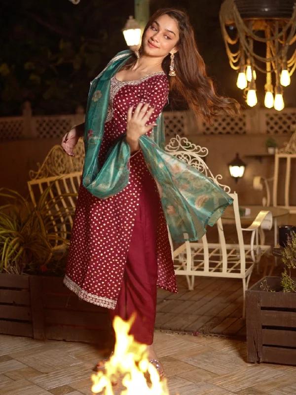 Sports Trend Maroon Printed Silk Blend Straight Suit With Dupatta