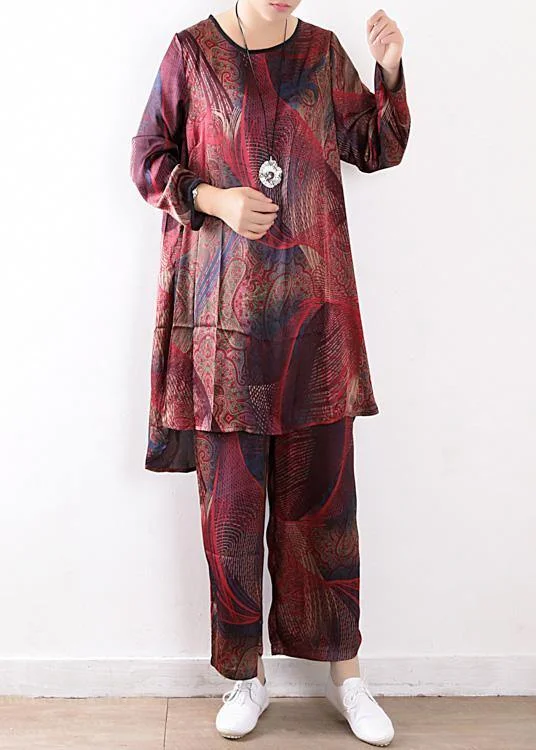 Fashionable In The Times Spring loose plus size silk chiffon wide-leg pants red print two-piece suit