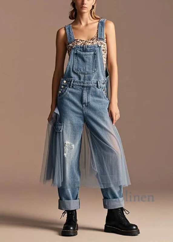 New Design Unique Blue Oversized Tulle Patchwork Denim Ripped Jumpsuits Spring