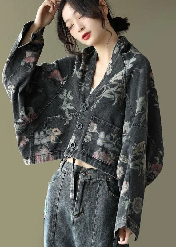 High-quality Design Women Black Print Batwing Sleeve Denim tops