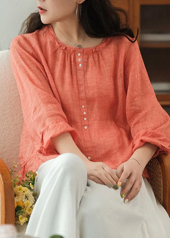 Fashion Expert Women Orange O-Neck Ruffled Linen Tops Long Sleeve