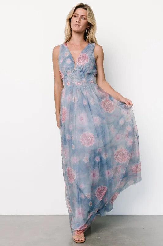 Body Design Kamila Tulle Maxi Dress | Light Blue + Pink Floral