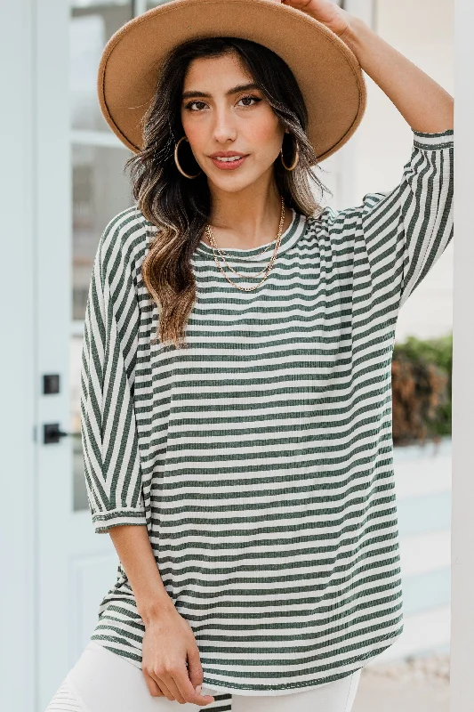 Classic Design Let's Make Some Time Olive Green Striped Top