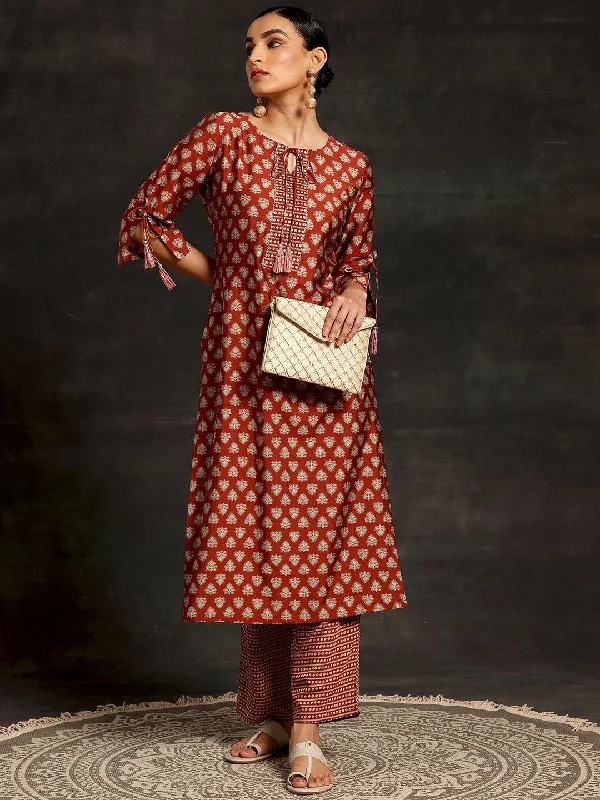 Must-have For Fashion Rust Printed Silk Blend Straight Kurta Set