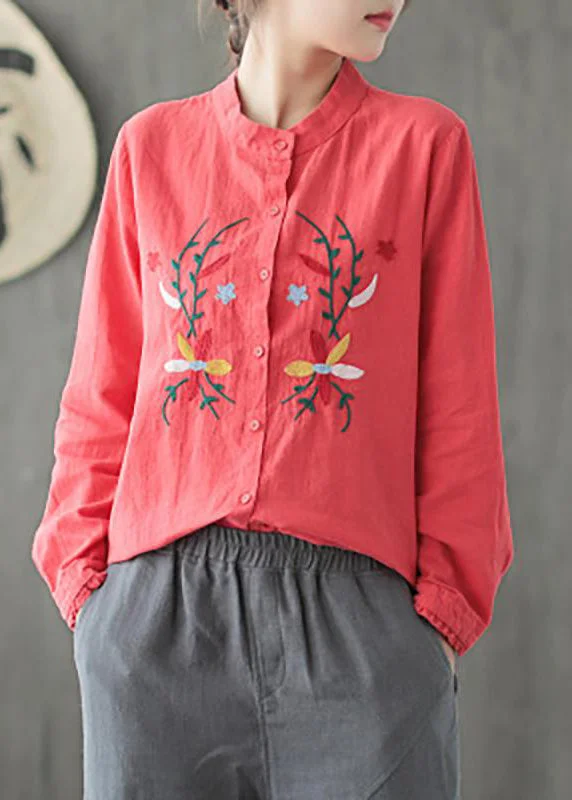 Personalized Outfit Stand Collar Spring Embroidery Blouse Irregular Hem