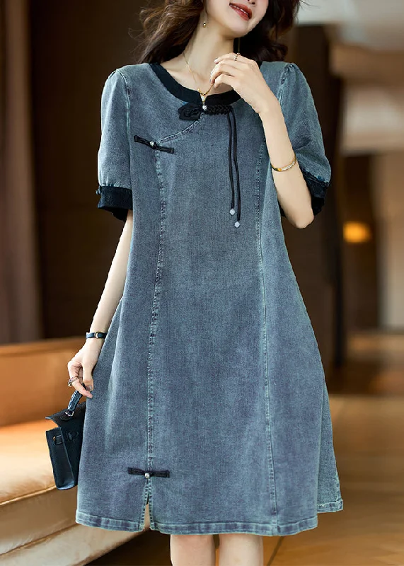 Sports Style Loose Black O Neck Button Patchwork Denim Dress Summer