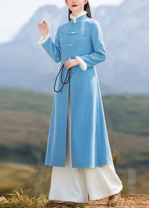 Comfortable Wear Unique Blue Patchwork Chinese Button Woolen Coat And Pants Two Pieces Set Spring