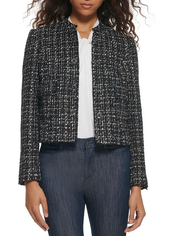 Bright Colors Womens Tweed Cropped Collarless Blazer