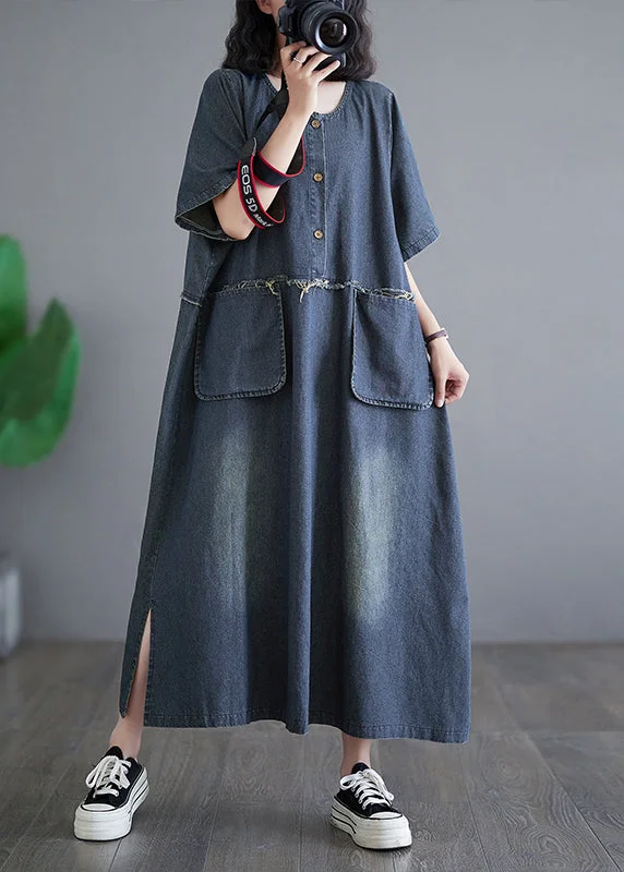 Exquisite Tailoring Vintage Denim Blue Patchwork Side Open Button Maxi Dresses Short Sleeve