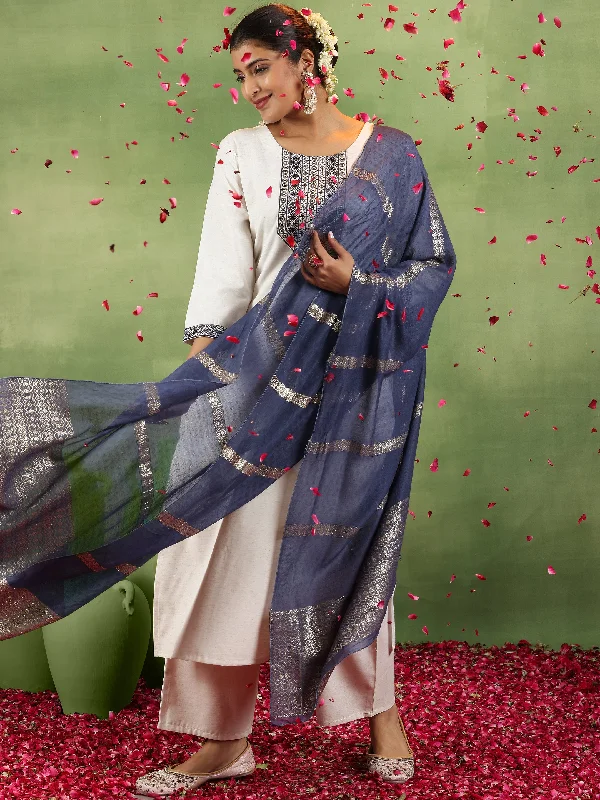 Fashion Pioneer Off White Yoke Design Cotton Blend Straight Suit With Dupatta