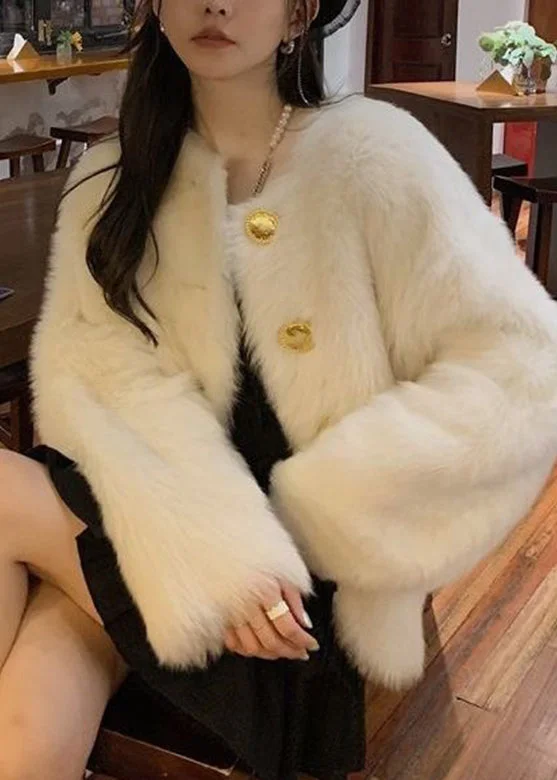 High-end Sense DIY White O-Neck Button Thick Fluffy Coat Long Sleeve