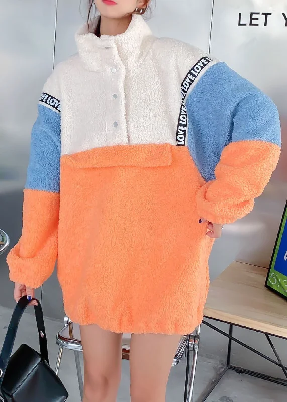 Luxury Fashion Women Orange Patchwork Button Winter Sweatshirts