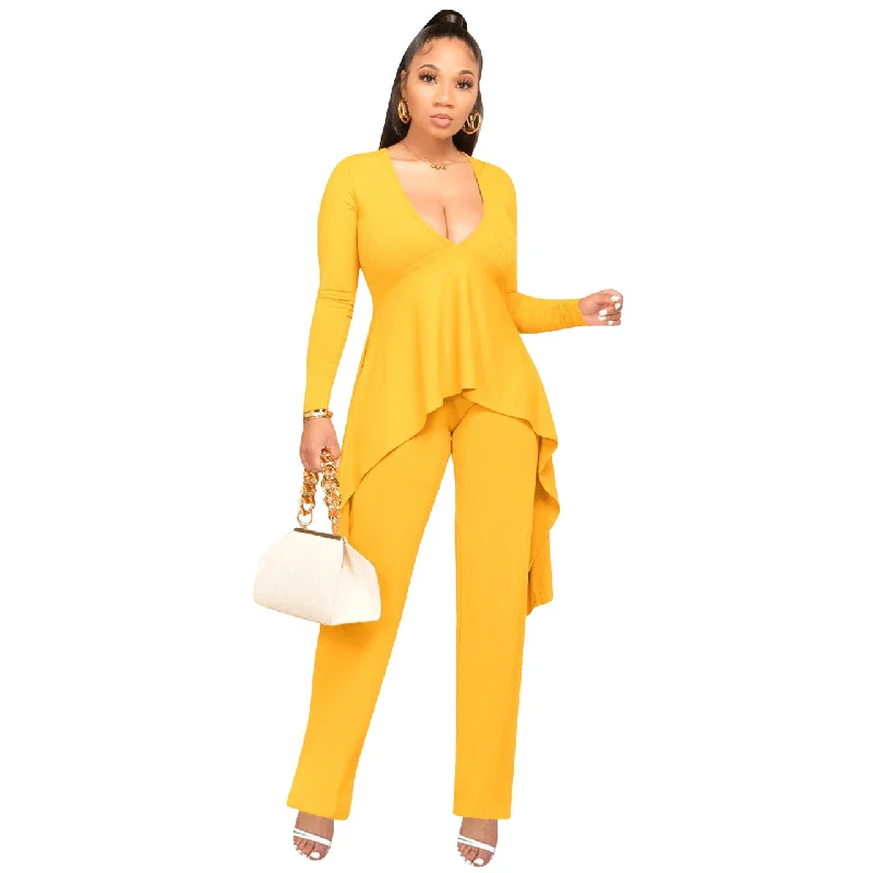 High-end Design Sexy Yellow Fake Two Pieces Women Jumpsuits