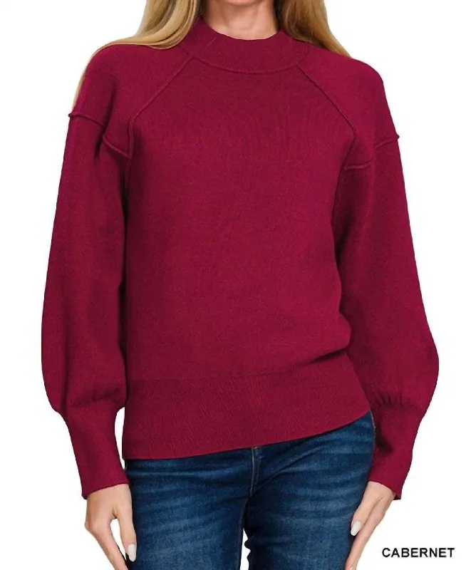 Classic Choice Elana Mock Neck Exposed Seam Sweater In Cabernet